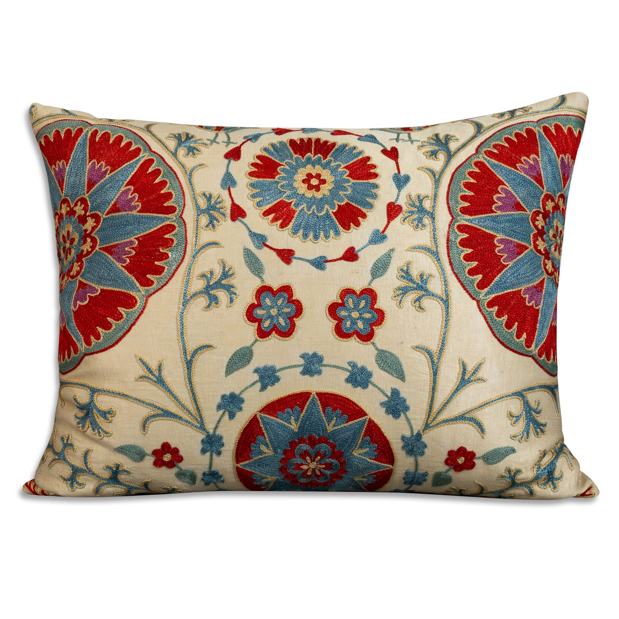 Rectangular silk suzani embroidered cushion on pale pistachio ground cushion - pillow