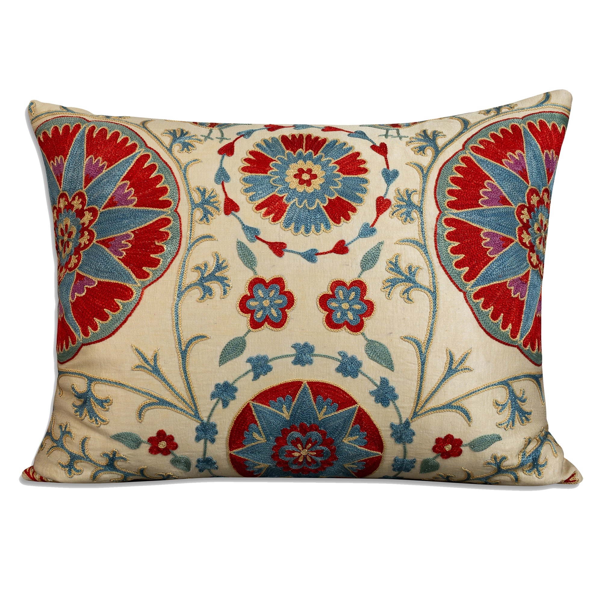 Rectangular silk suzani embroidered cushion on pale pistachio ground cushion - pillow