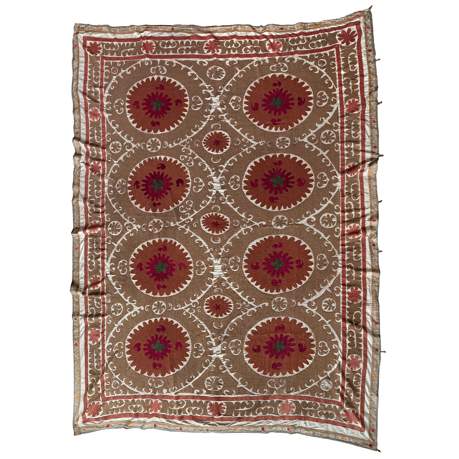 Rectangular cotton Suzani brown and terracotta hanging/bedspread, Uzbekistan circa 2000