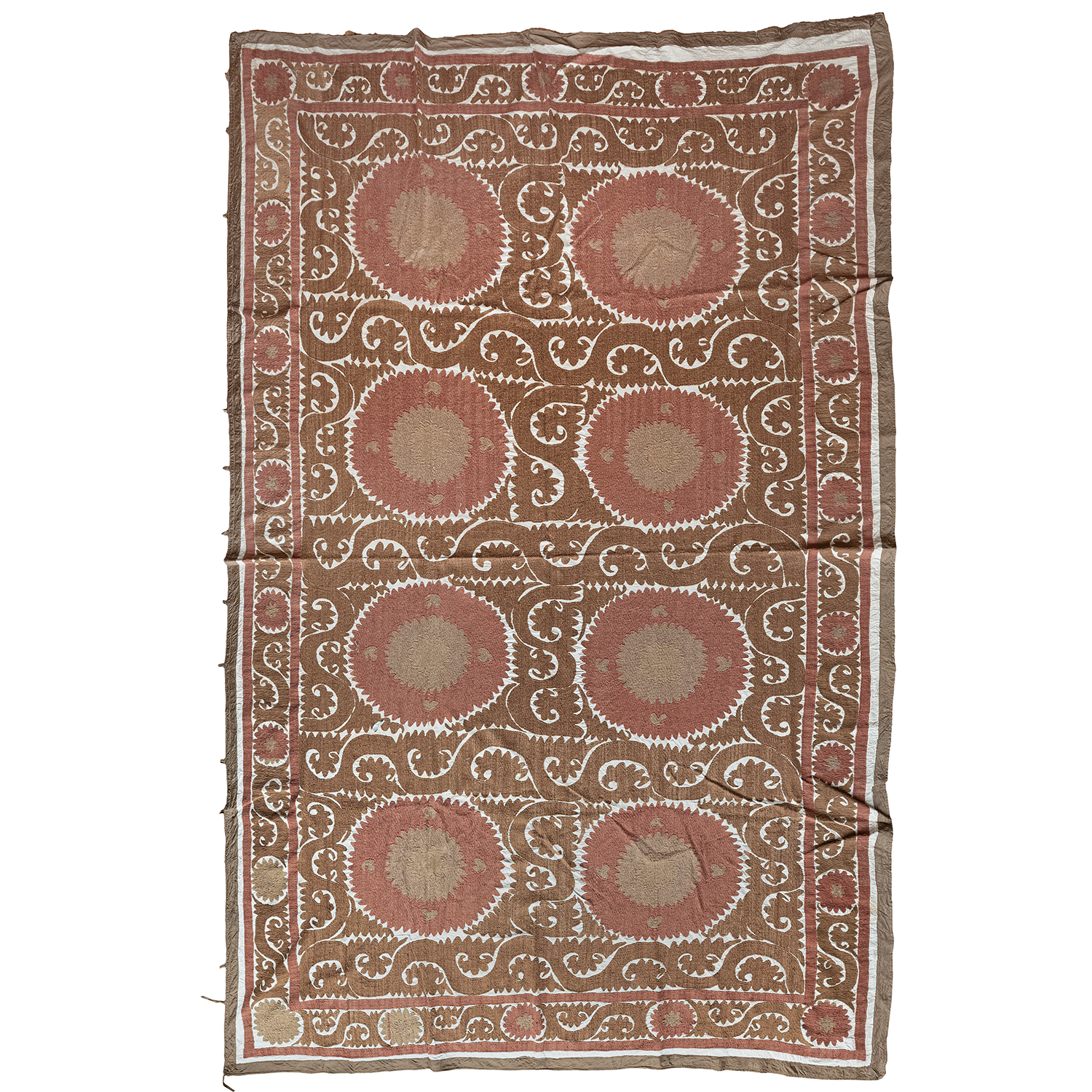Rectangular cotton Suzani brown and camel hanging/bedspread, Uzbekistan circa 2000