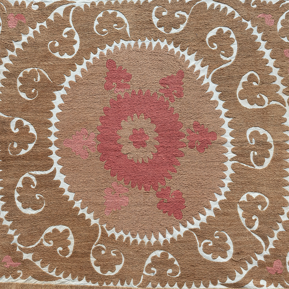 Small rectangular cotton Suzani camel and pinkhanging/bedspread, Uzbekistan circa 2000