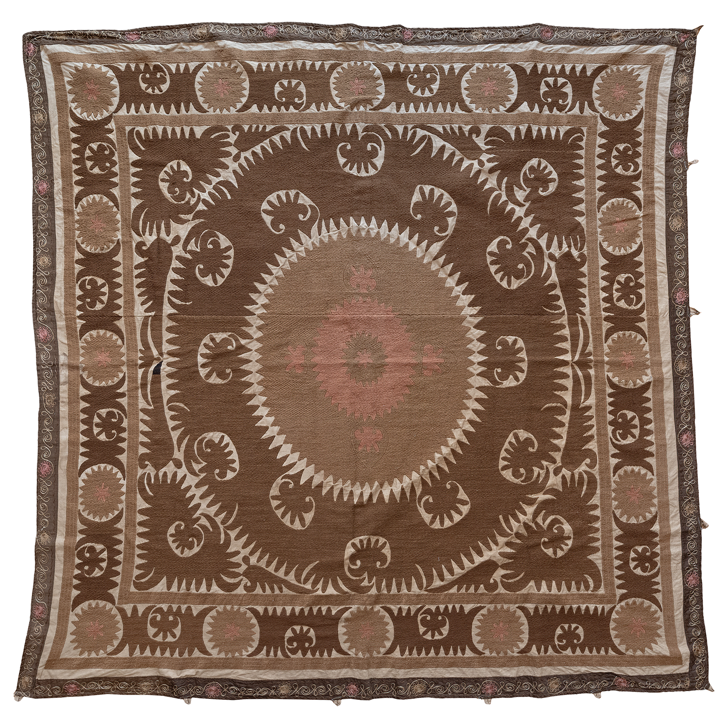 Square cotton Suzani camel and pink hanging/bedspread, Uzbekistan circa 2000
