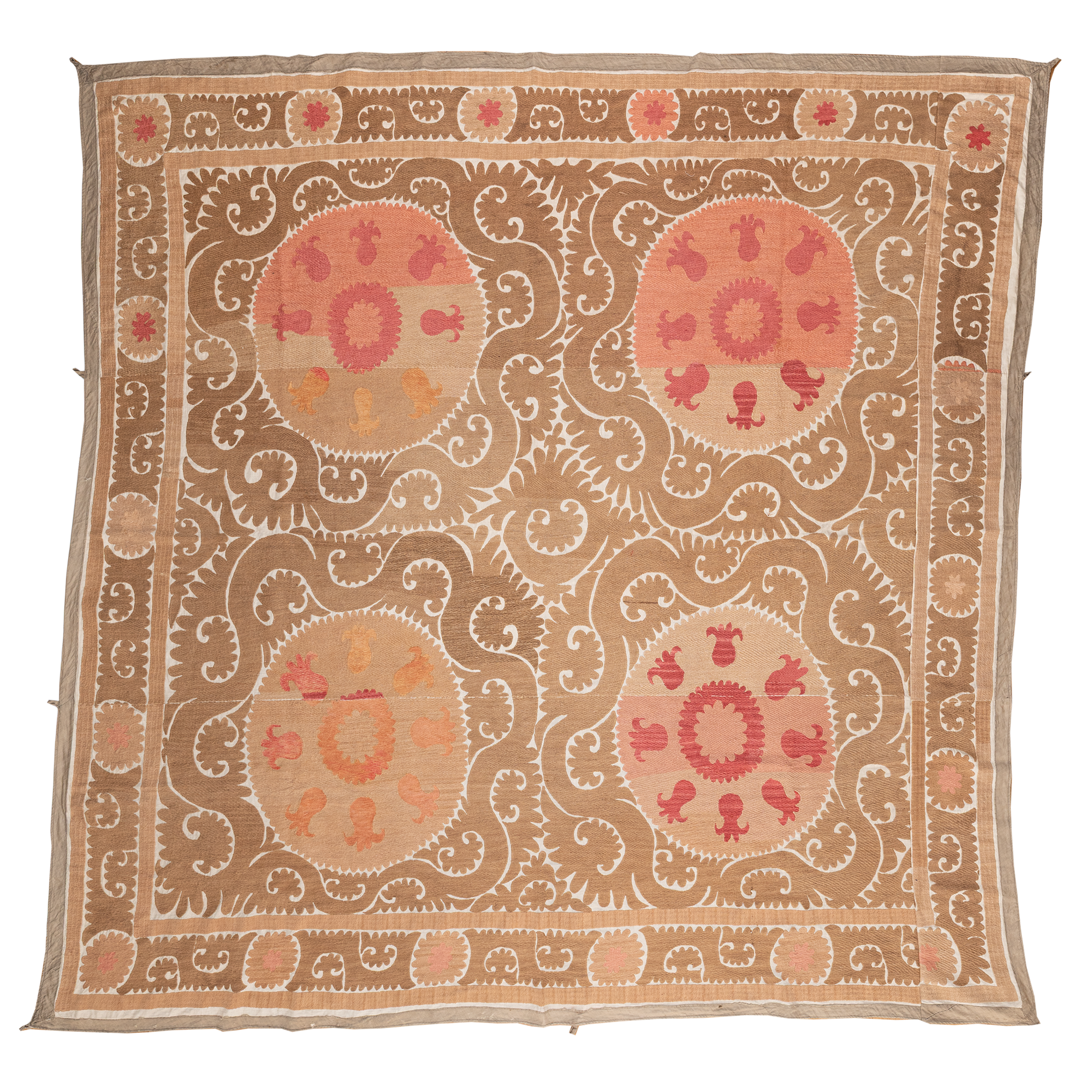 Large coffee/tan and pink suzani hanging/bedspread, Uzbekistan circa 2000