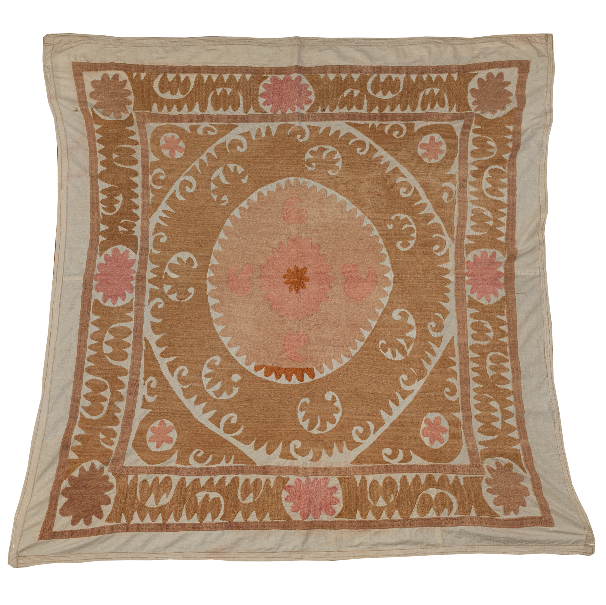 Square camel/brown and pink suzani hanging/bedspread, Uzbekistan circa 2000