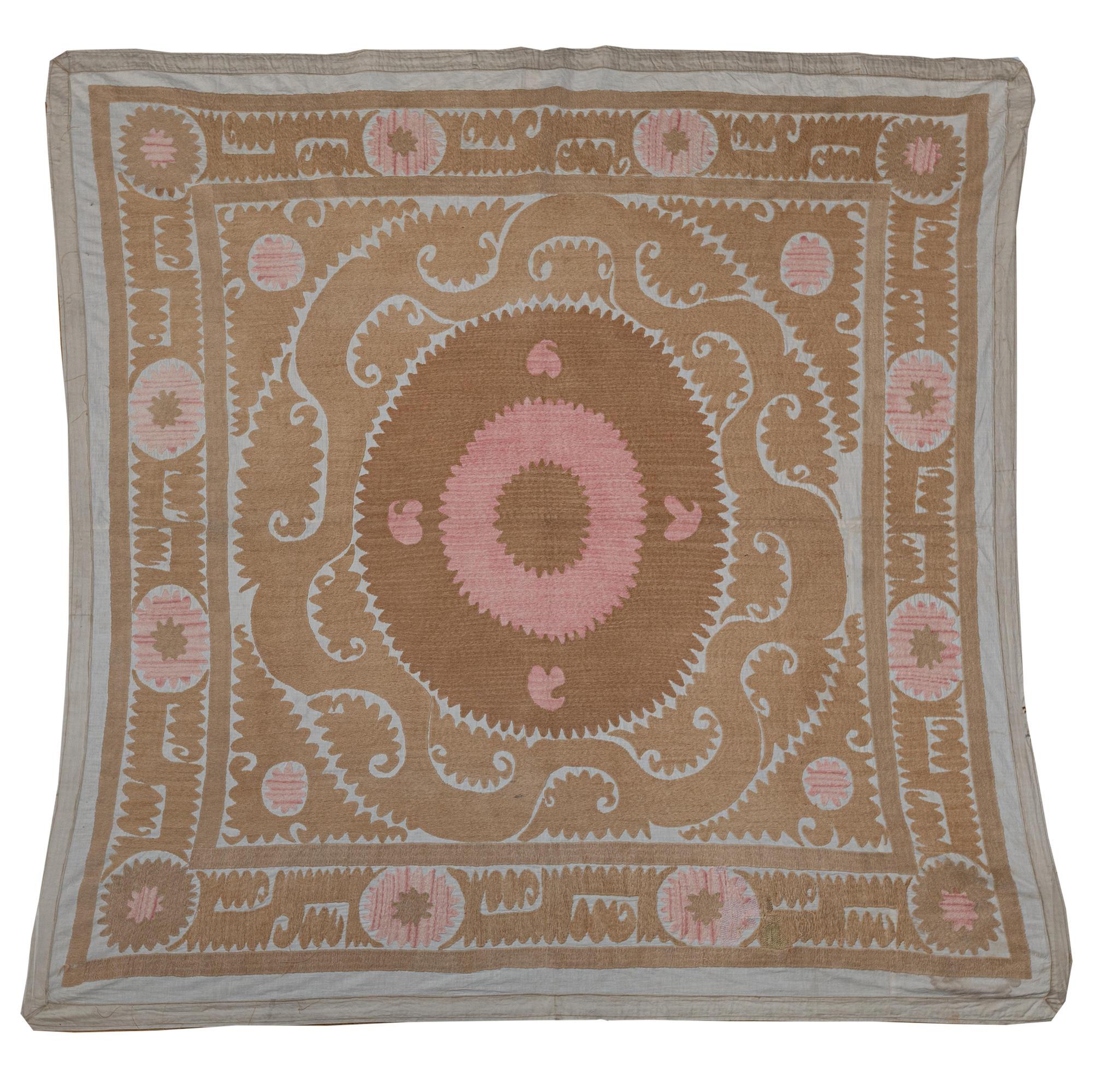 Square camel brown/pink suzani hanging/bedspread, Uzbekistan circa 2000