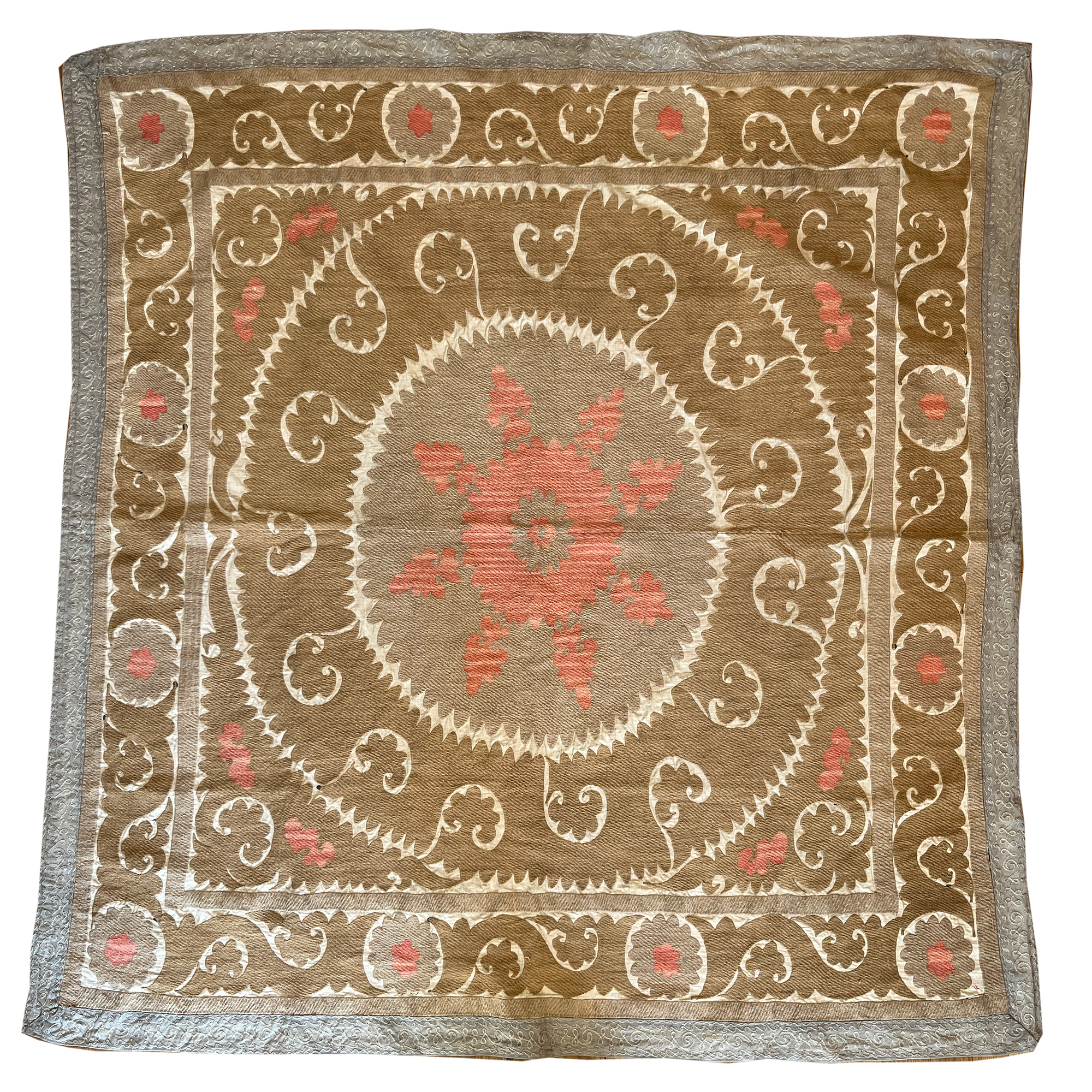 Square camel brown/pink suzani hanging/bedspread, Uzbekistan circa 2000
