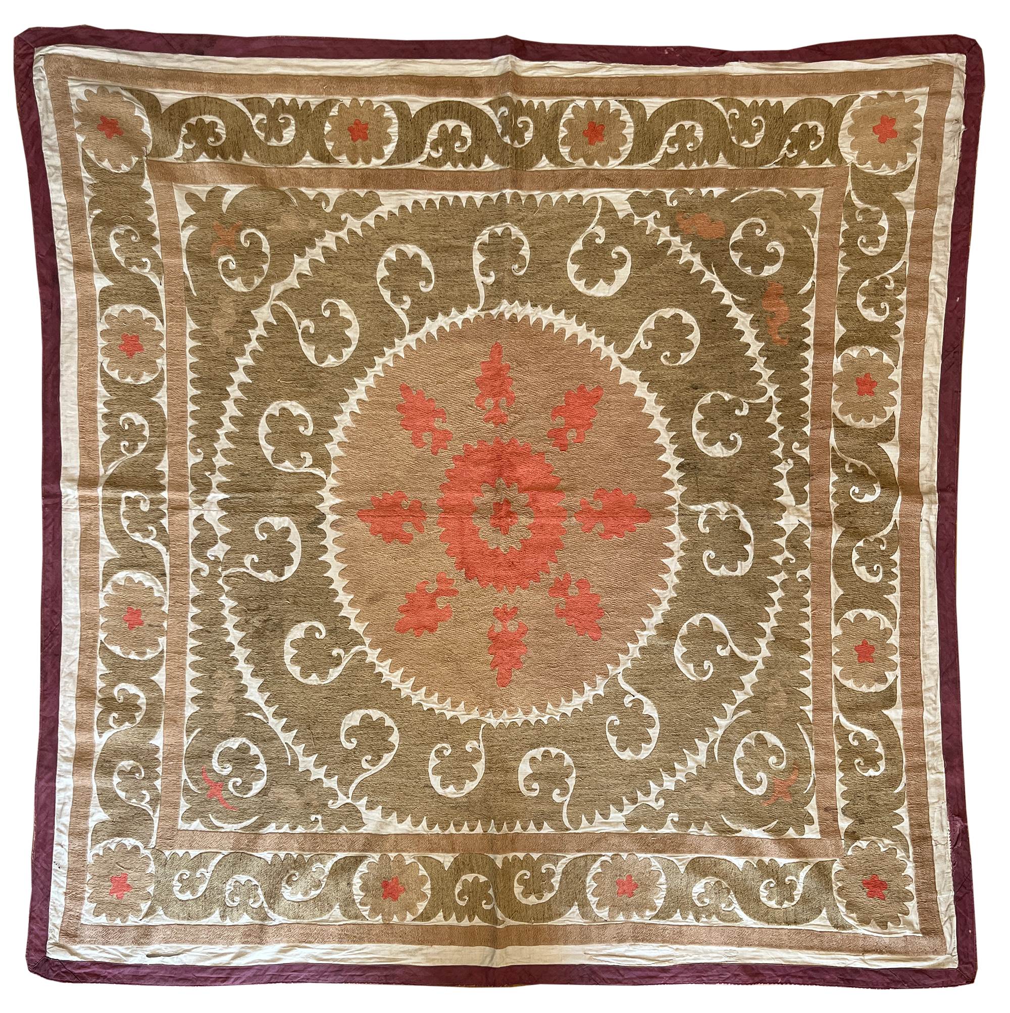 Square camel brown and pink suzani hanging/bedspread with aubergine cotton border, Uzbekistan circa 2000