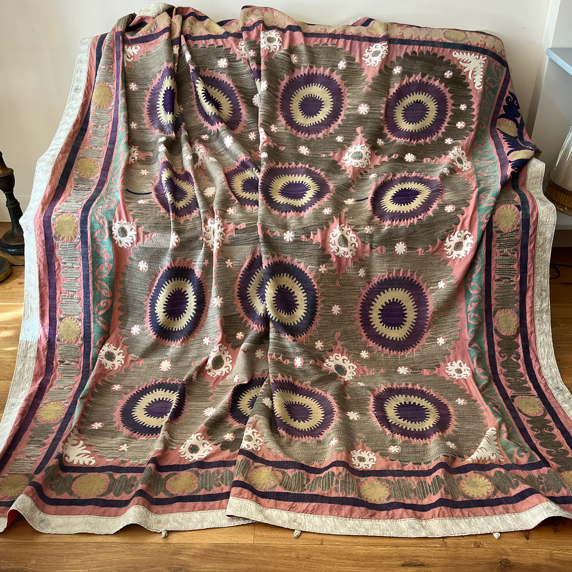 Large olive green and pink cotton suzani hanging/bedspread, Uzbekistan circa 2000