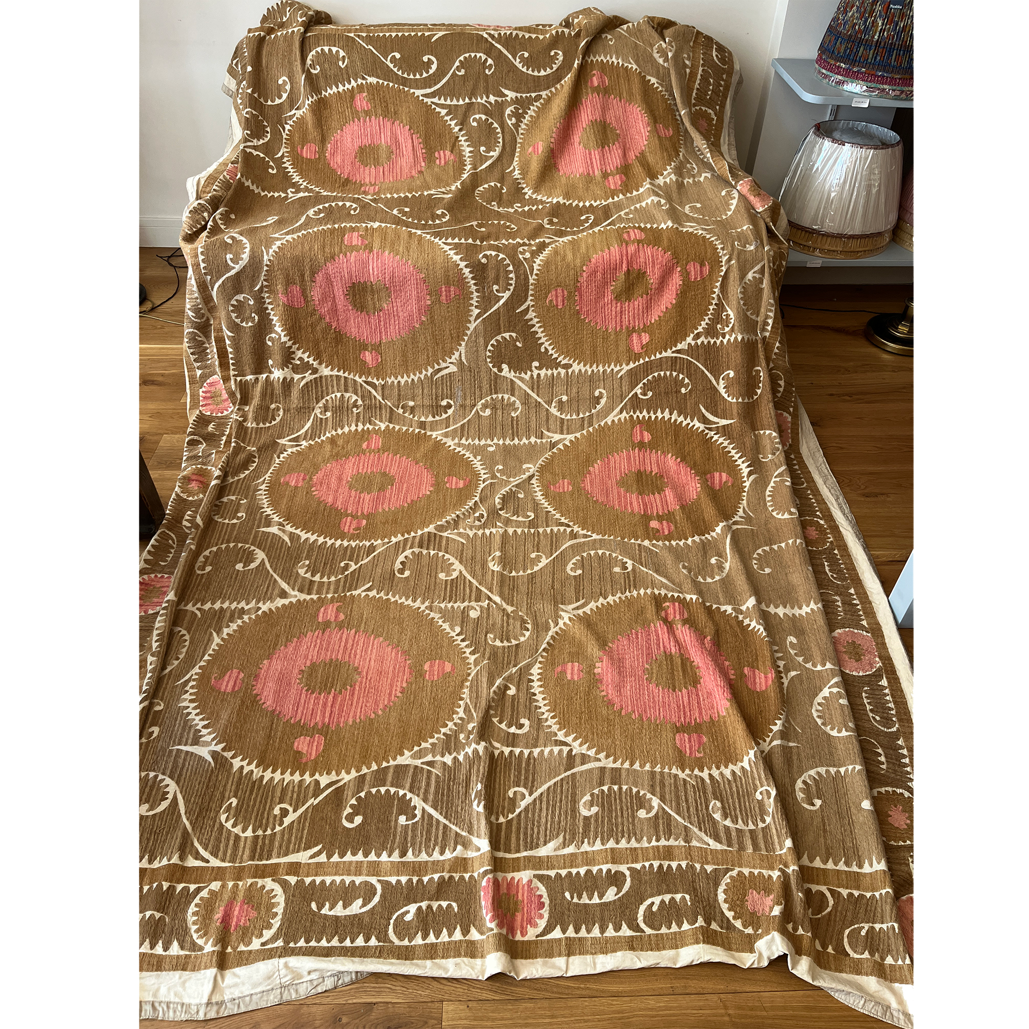 Large rectangular cotton Suzani camel and two tone pink hanging/bedspread, Uzbekistan circa 2000