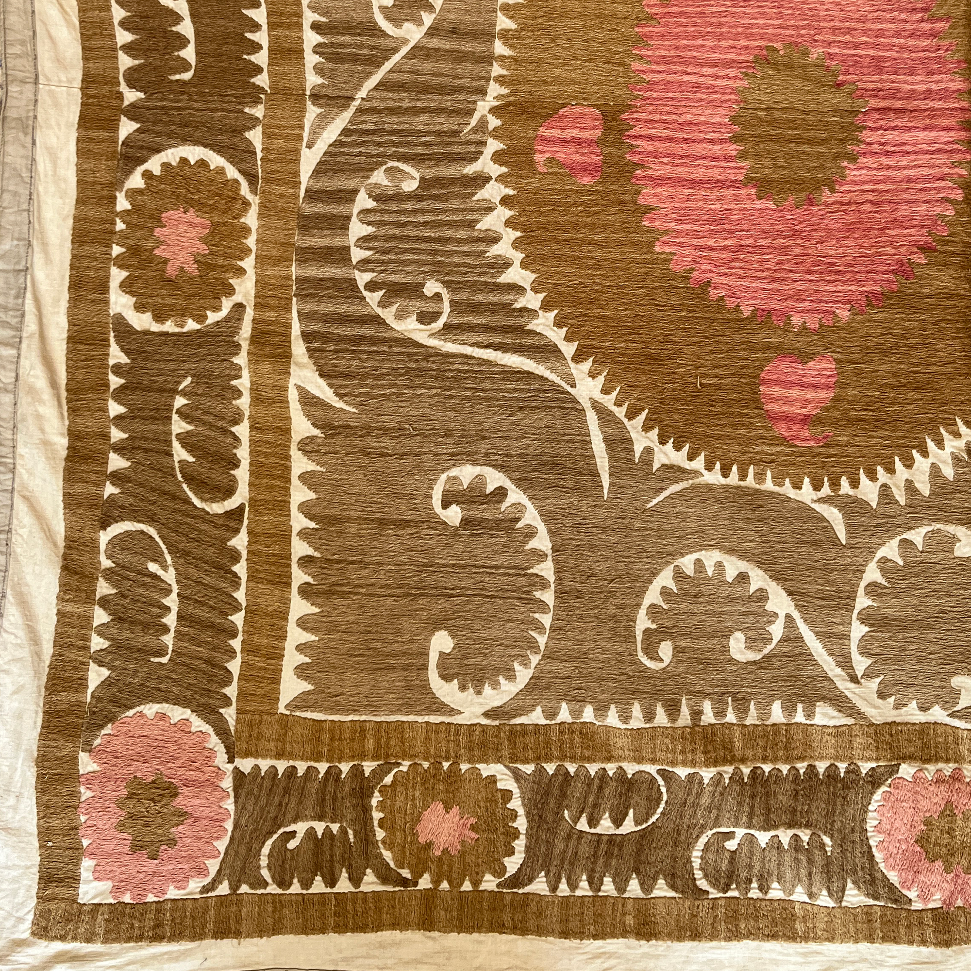 Large rectangular cotton Suzani camel and two tone pink hanging/bedspread, Uzbekistan circa 2000