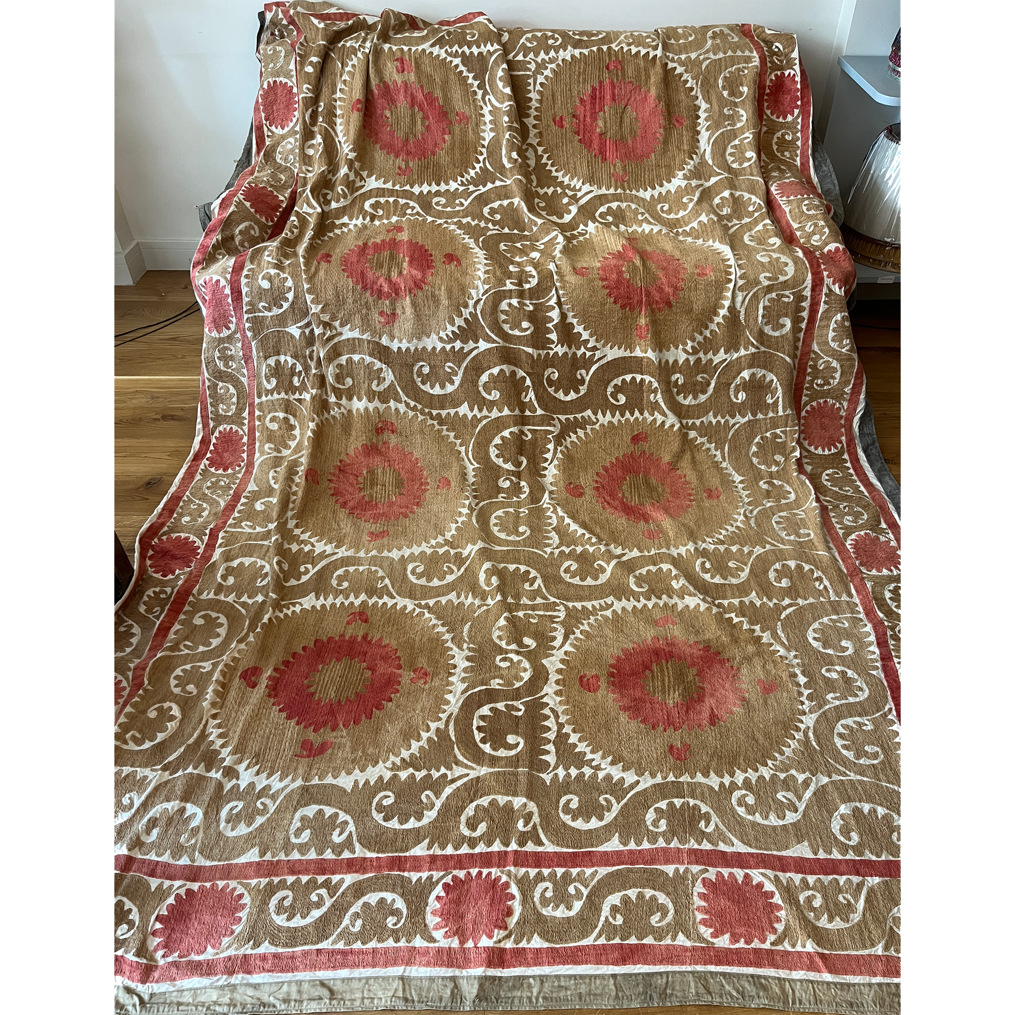 Large rectangular cotton Suzani camel and pink hanging/bedspread, Uzbekistan circa 2000