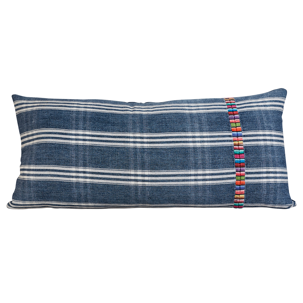 Long rectangular vintage woven cotton Guatemalan indigo cushion with multicoloured embroidery