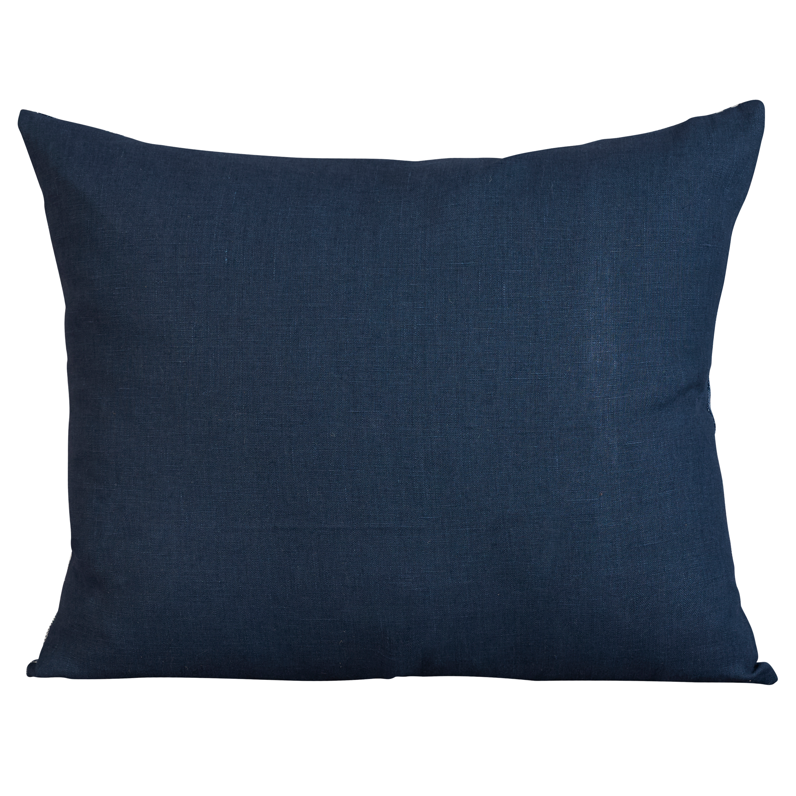 Rectangular vintage woven cotton Guatemalan indigo cushion with single multicoloured cotton embroidery