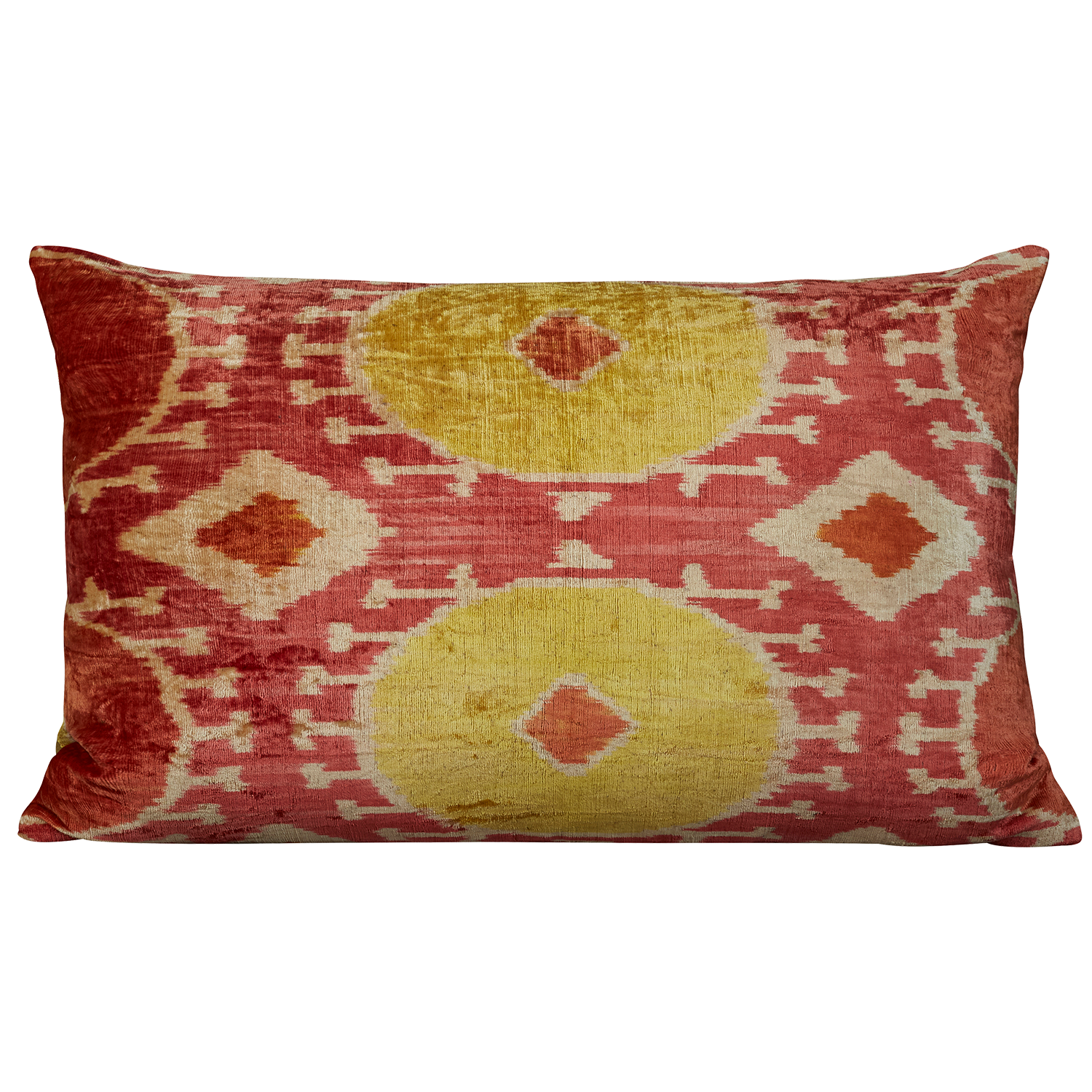 Yellow and red hand-woven silk velvet Ikat cushion - pillow with ikat back