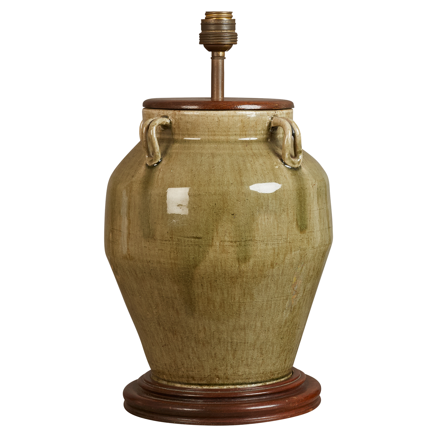 An mid 20th century green glazed ceramic table lamp on turned mahogany base
