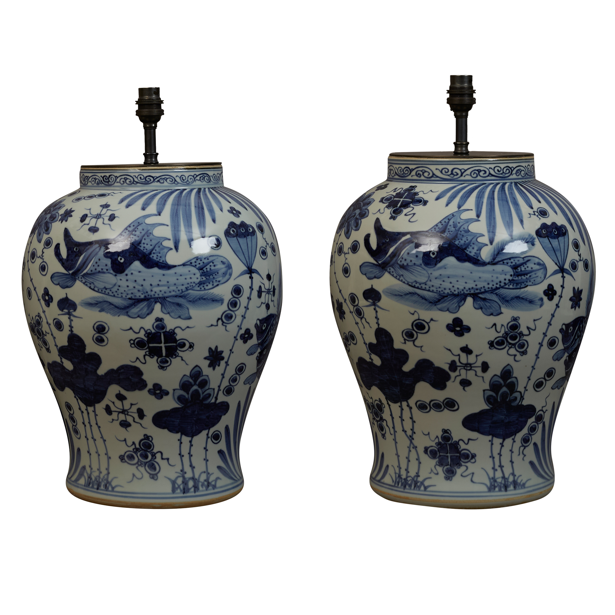 A pair of contemporary blue and white Chinese-style blue and white pots, electrified