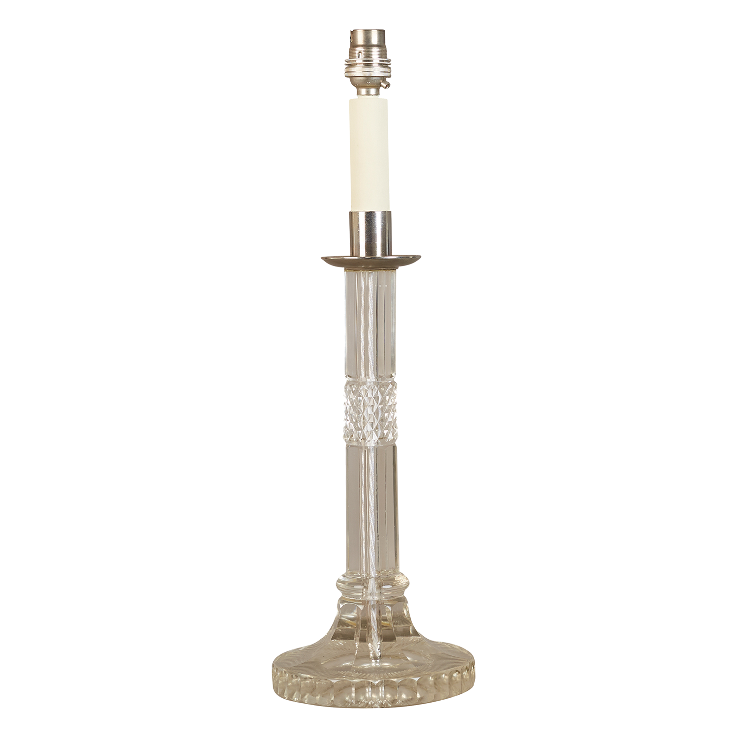 An early 20th century cut glass candlestick lamp