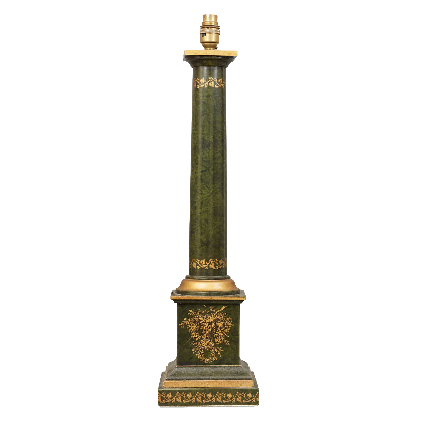 A mid 20th century tole table lamp with gilt decoration and over scumble green base