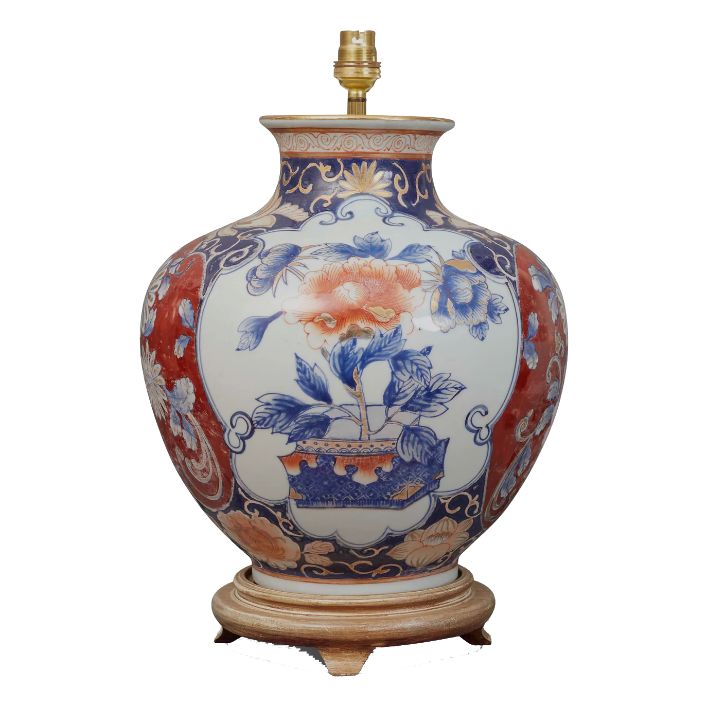 An Imari bulbous vase with peony decoration, converted to a table lamps, electrified with brown silk flex