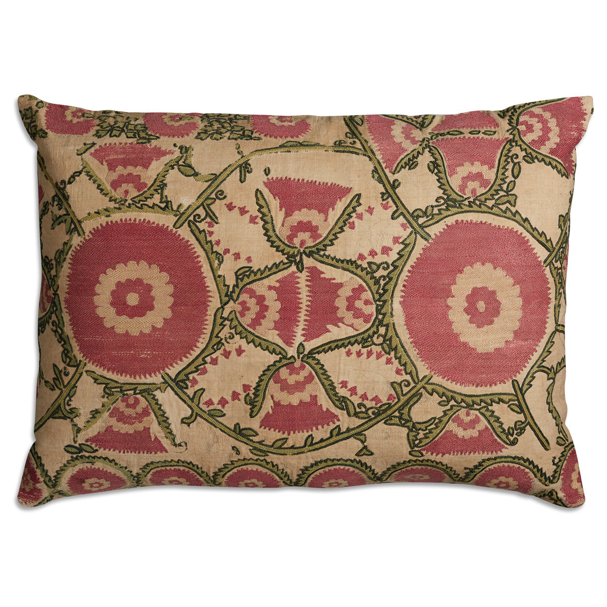 Nushka Cushions A near pair of green and pink vintage suzani cushion