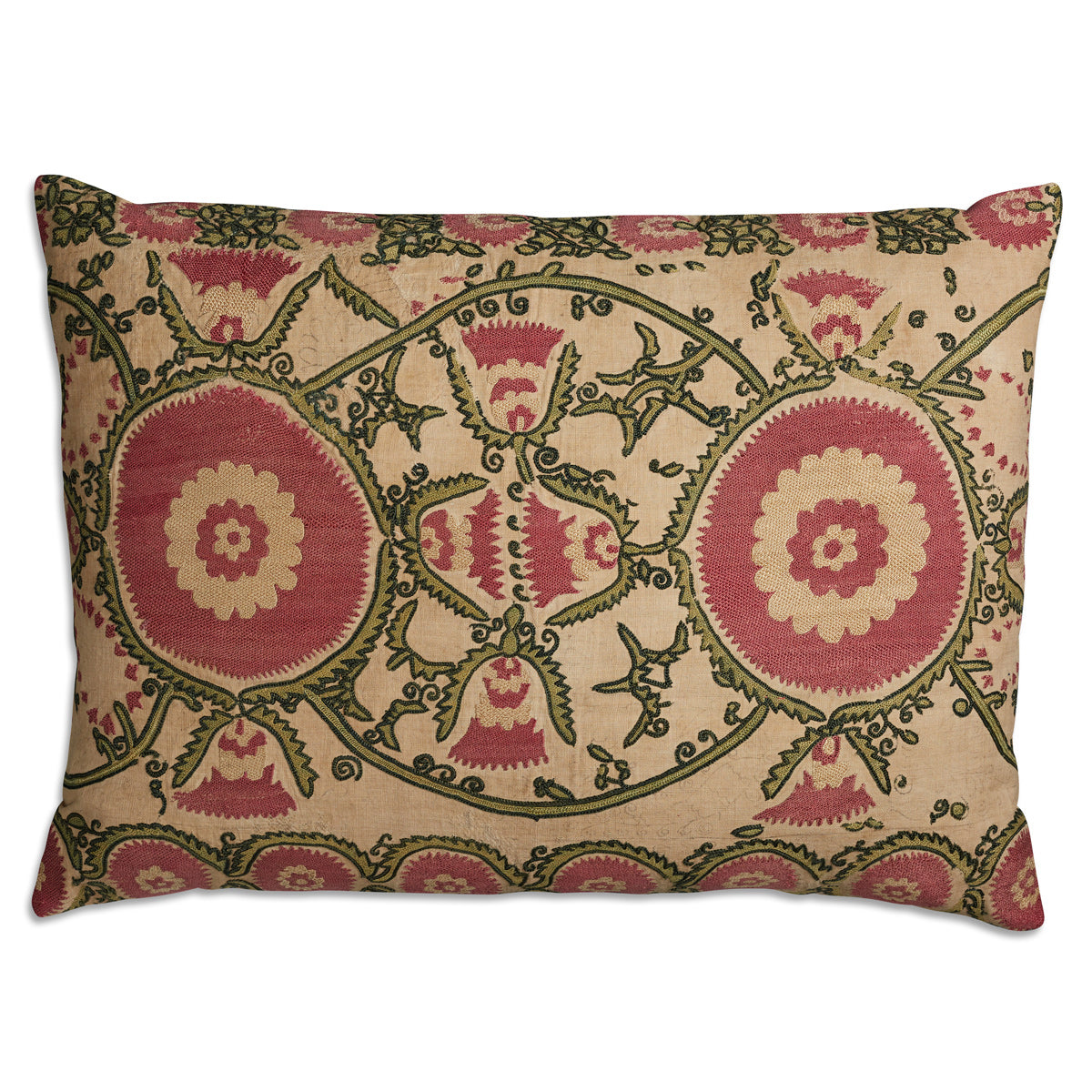 Nushka Cushions A near pair of green and pink vintage suzani cushion