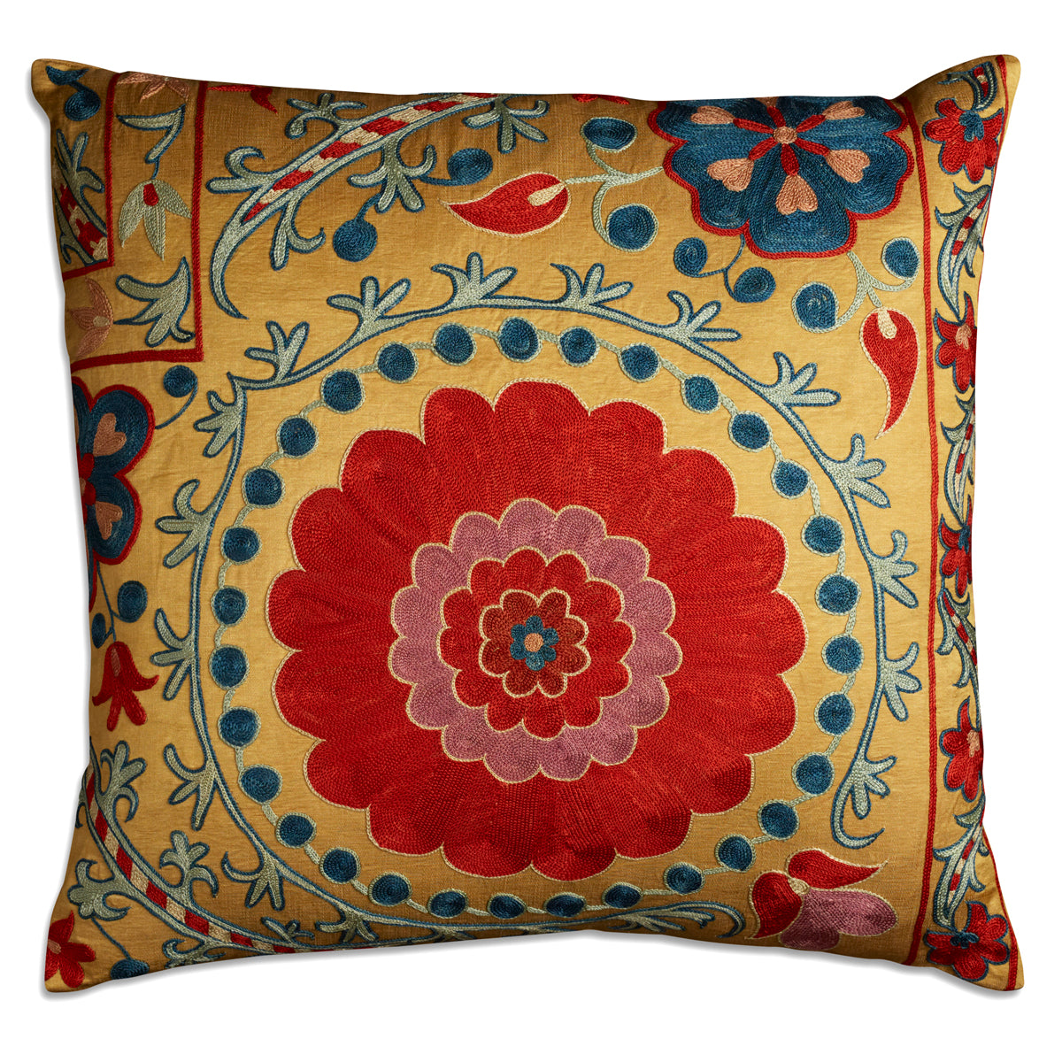 Nushka Cushions A Square Floral Silk Suzani Embroidered cushion on gold ground