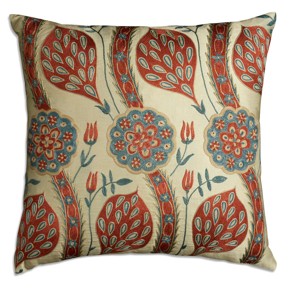 Nushka Cushions A Square Floral Silk Suzani Embroidered cushion on pale mint ground