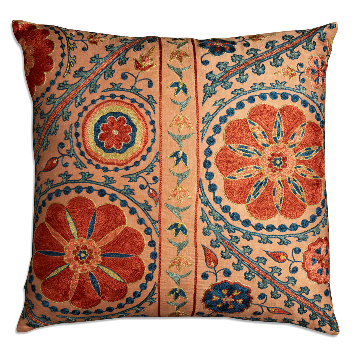 Nushka Cushions A Square Floral Silk Suzani Embroidered cushion on salmon pink ground