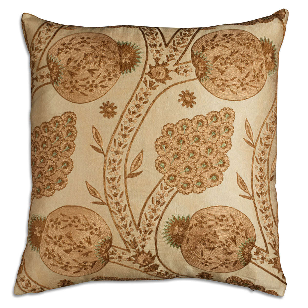 Nushka Cushions A square pomegranate silk suzani embroidered cushion on pale beige ground