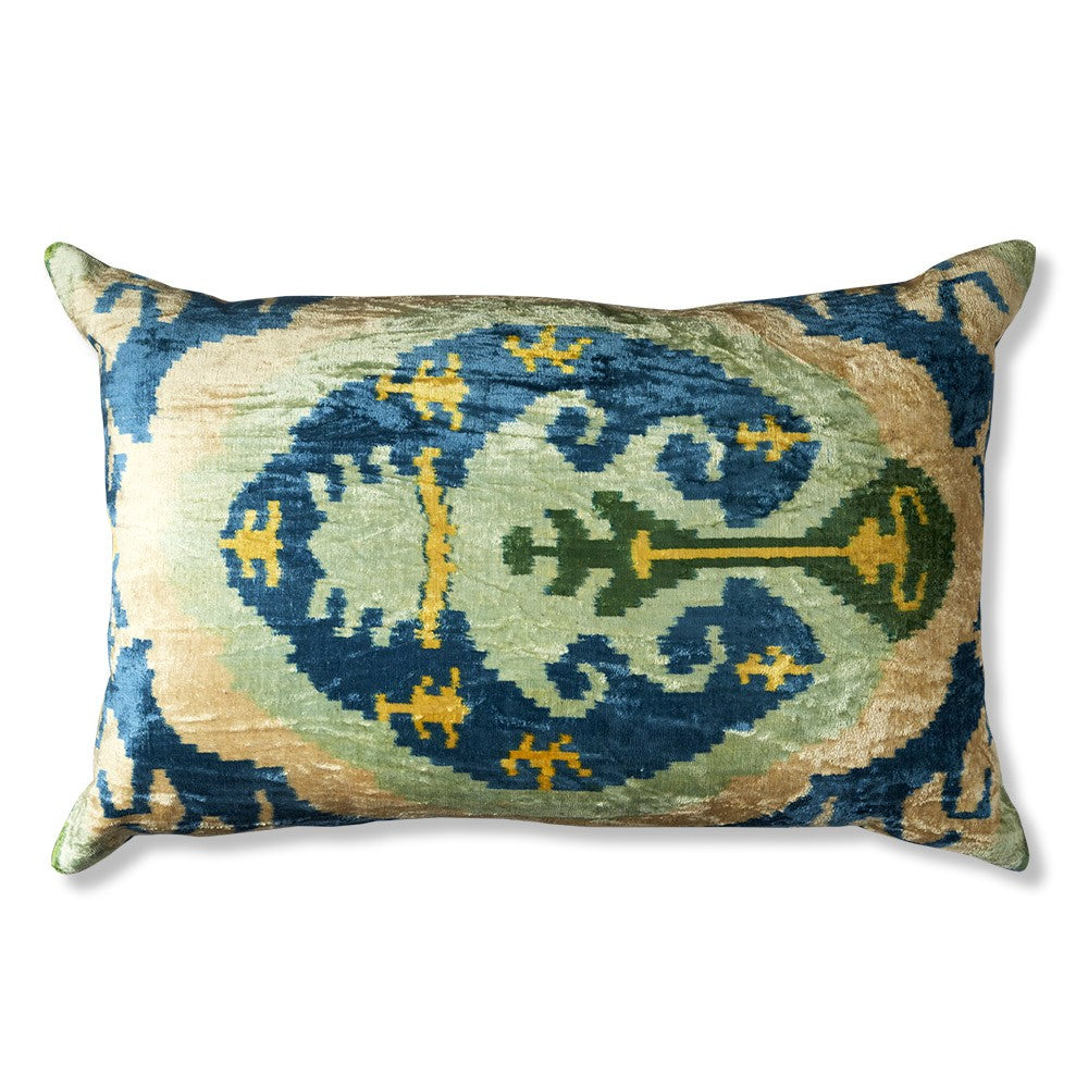 Nushka Cushions Aqua Blue Geometric Hand-woven Silk Velvet Ikat Cushion