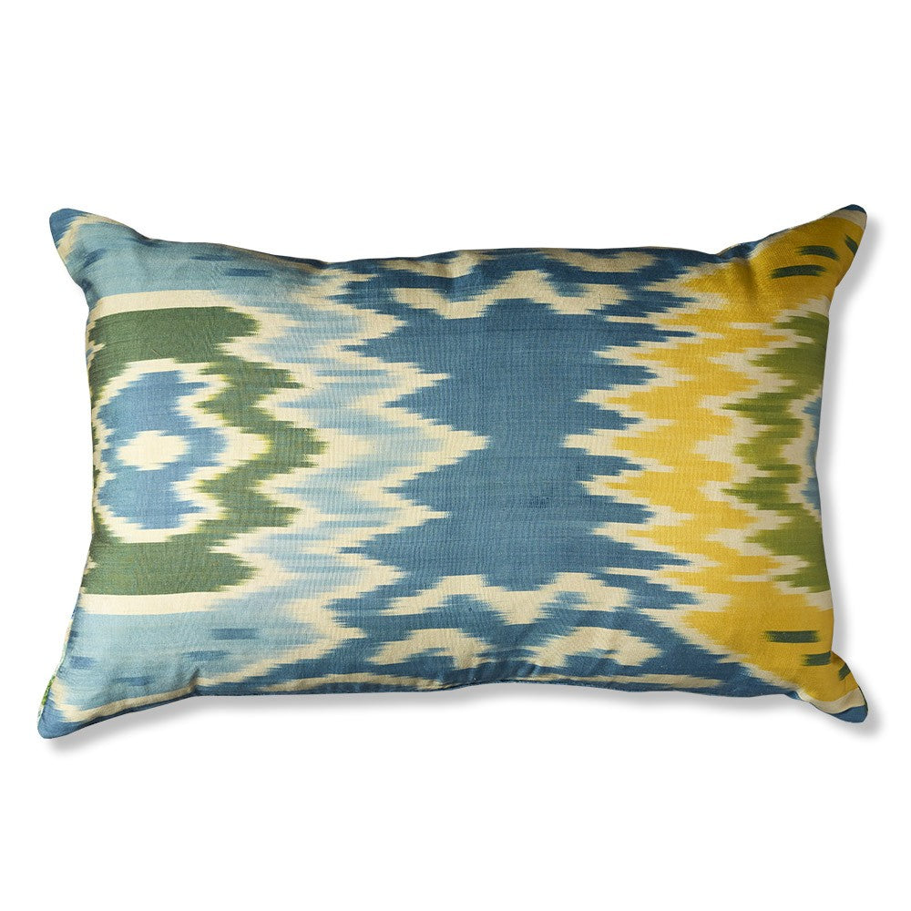 Nushka Cushions Aqua Blue Geometric Hand-woven Silk Velvet Ikat Cushion