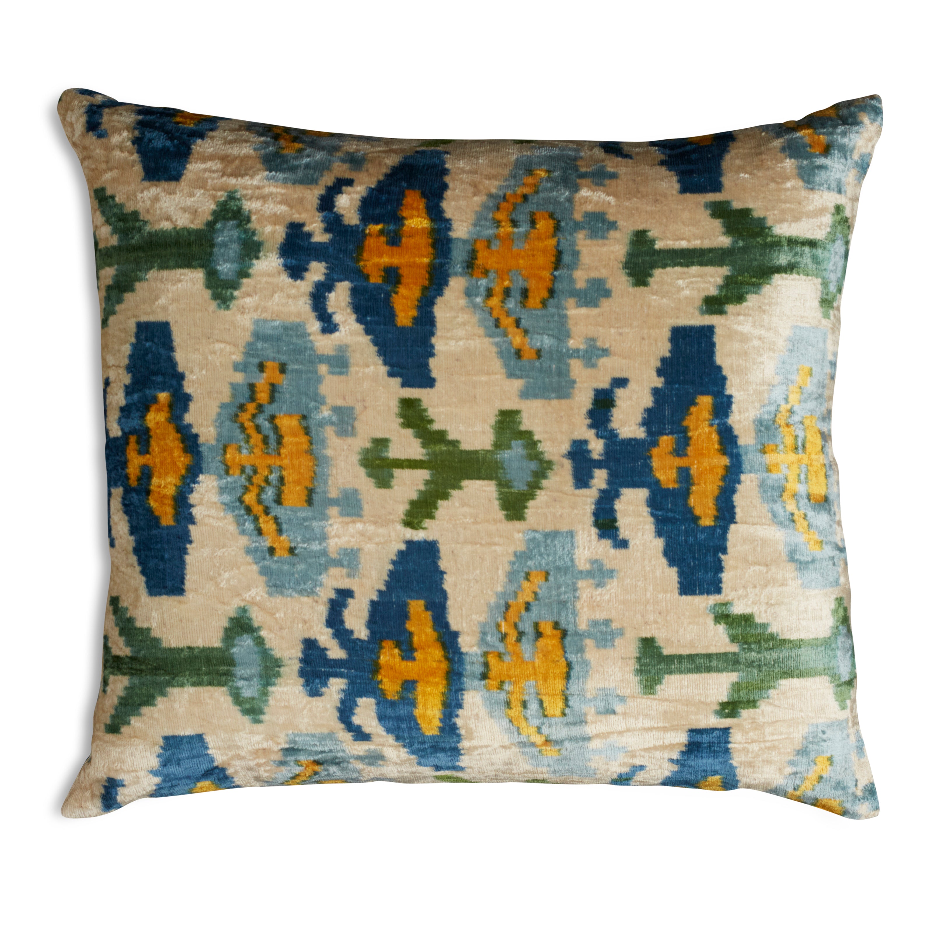 Nushka Cushions Blue and Green Geometric Hand-woven Silk Velvet Ikat Cushion with Blue Back