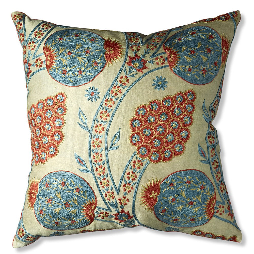 Nushka Cushions Blue and Red Pomegranate Tree Silk Suzani Embroidered Cushion