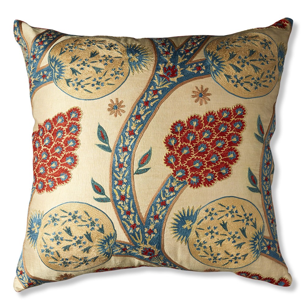 Nushka Cushions Cream, Red and Blue Embroidered Silk Suzani Cushion with Spotted Silk Back