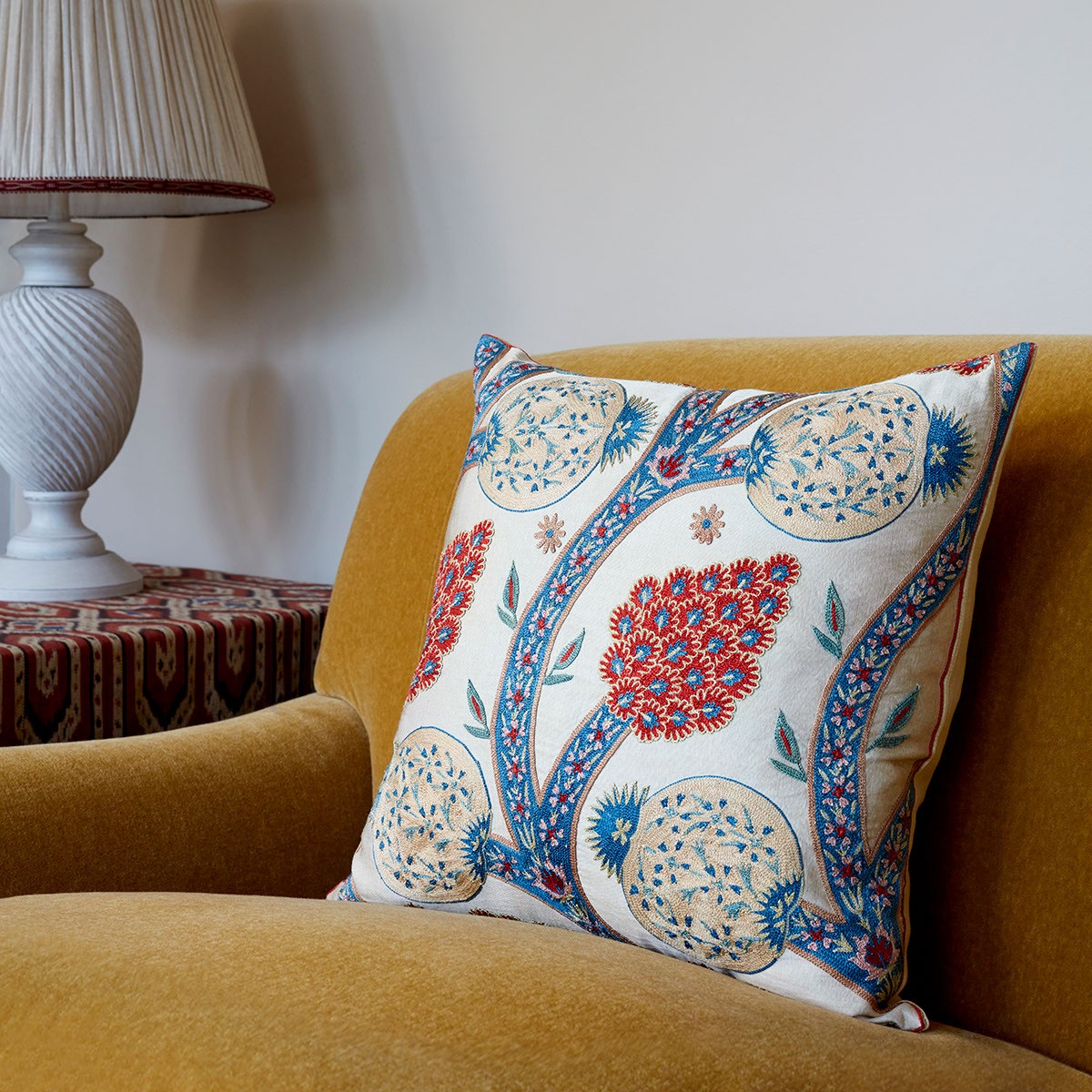 Nushka Cushions Cream, Red and Blue Embroidered Silk Suzani Cushion with Spotted Silk Back