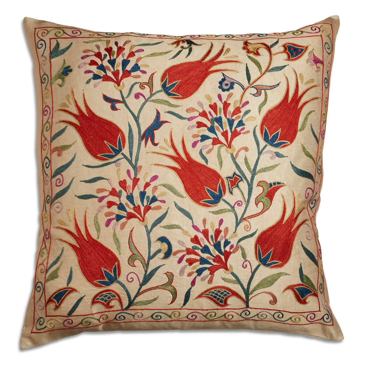 Nushka Cushions Floral carnation design embroidered silk suzani cushion