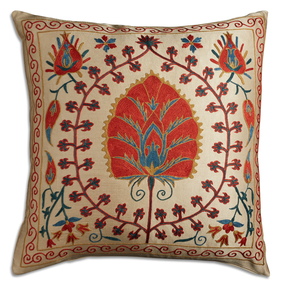 Nushka Cushions Floral Suzani embroidered silk cushion with central motif