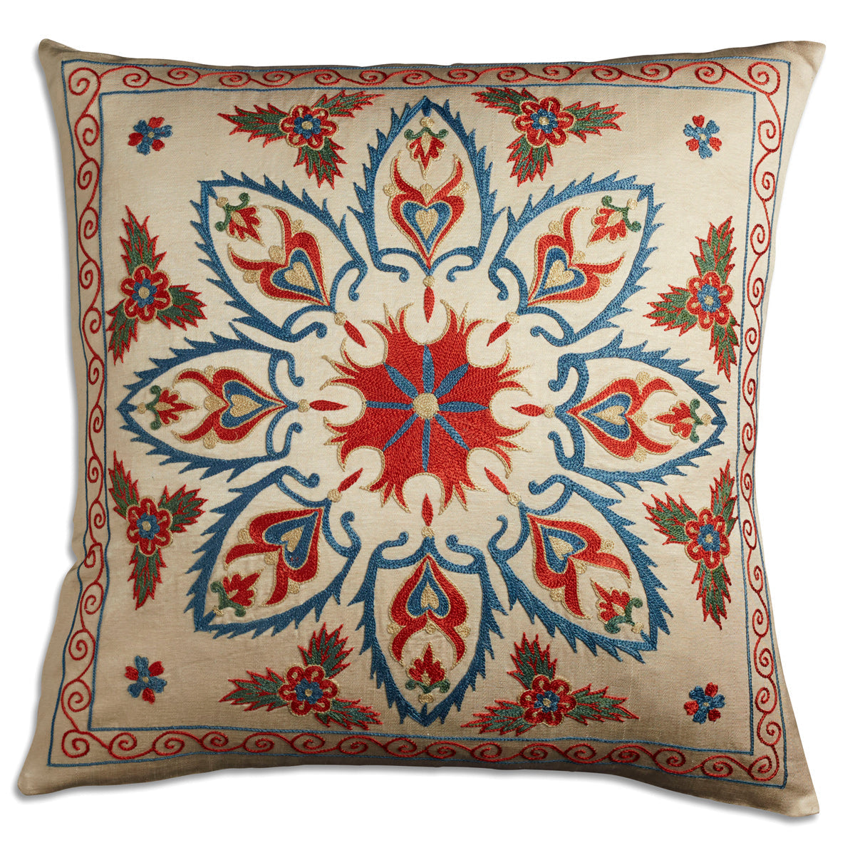 Nushka Cushions Floral Suzani embroidered silk cushion with central motif