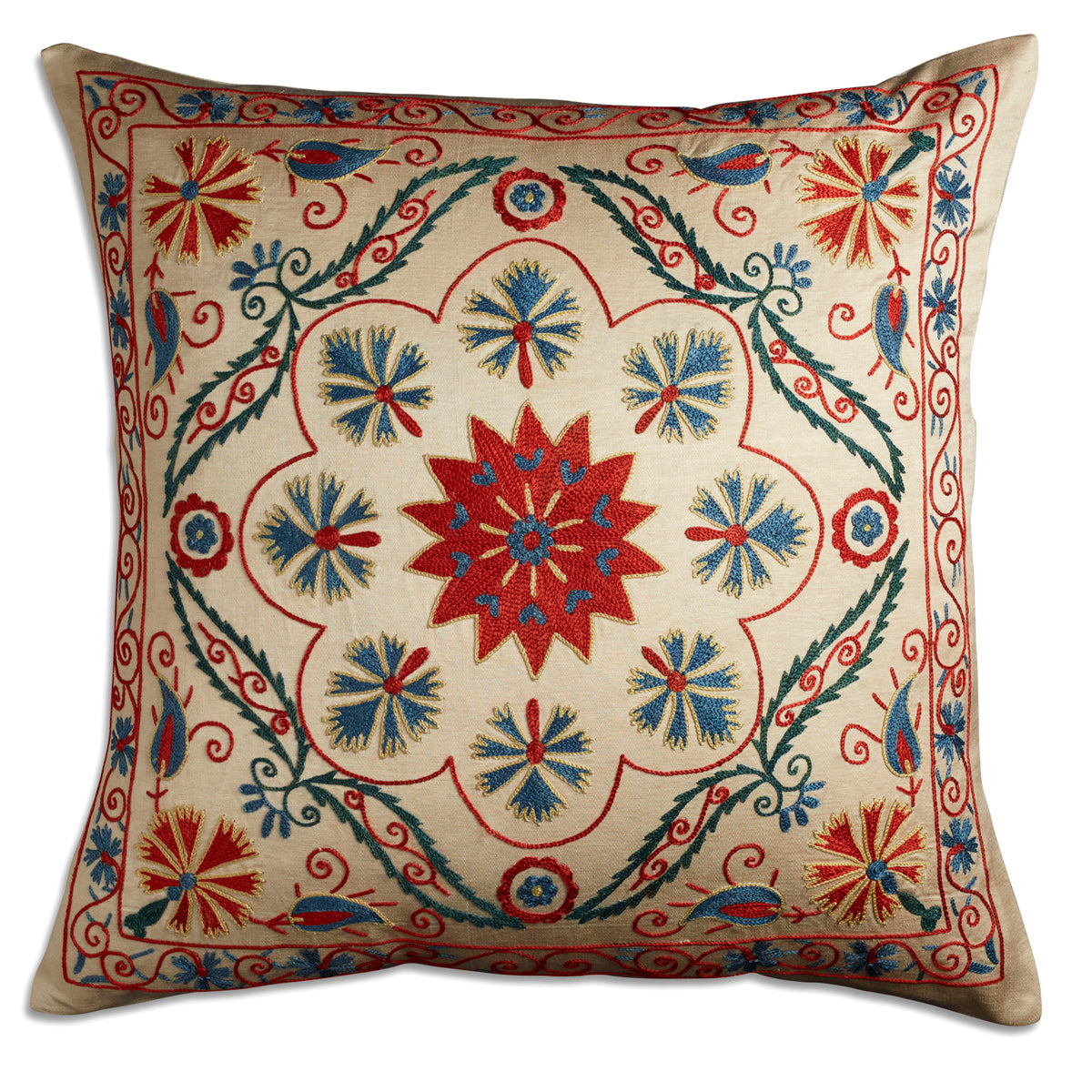 Nushka Cushions Floral Suzani embroidered silk cushion with central motif