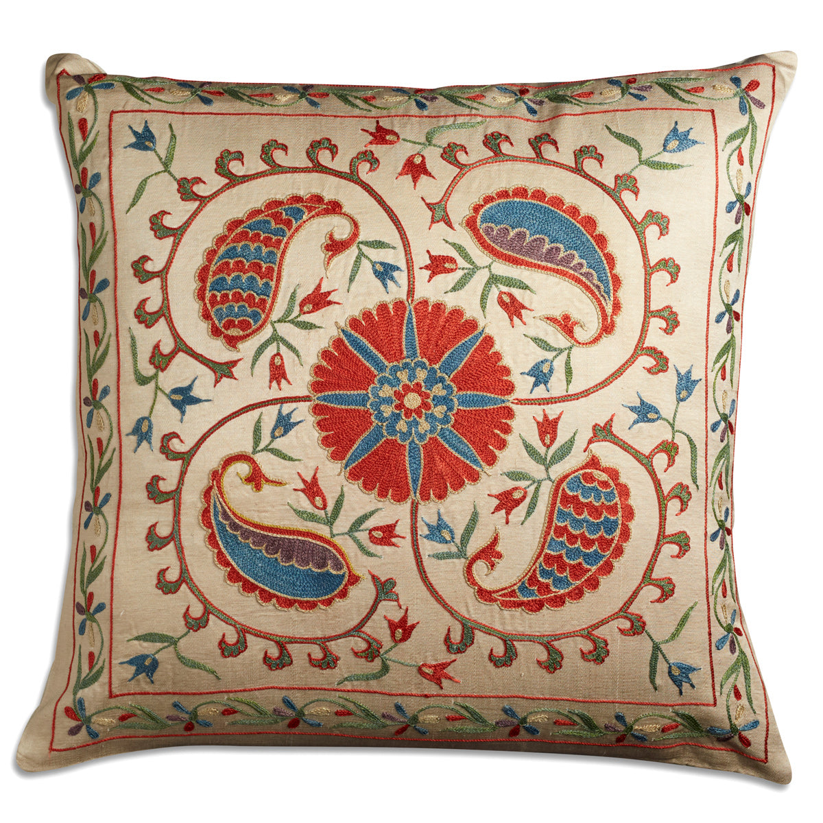 Nushka Cushions Floral Suzani embroidered silk cushion with central motif