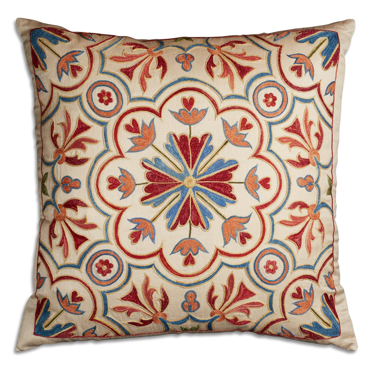 Nushka Cushions Floral suzani embroidered silk cushion with central motif