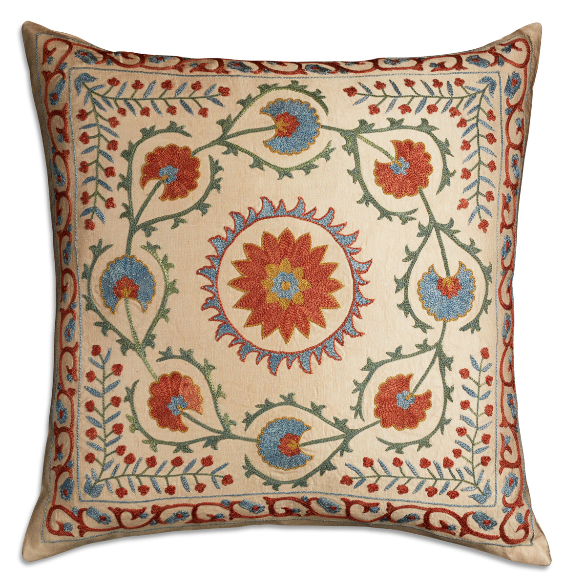 Nushka Cushions Floral Suzani embroidered silk cushion with central motif