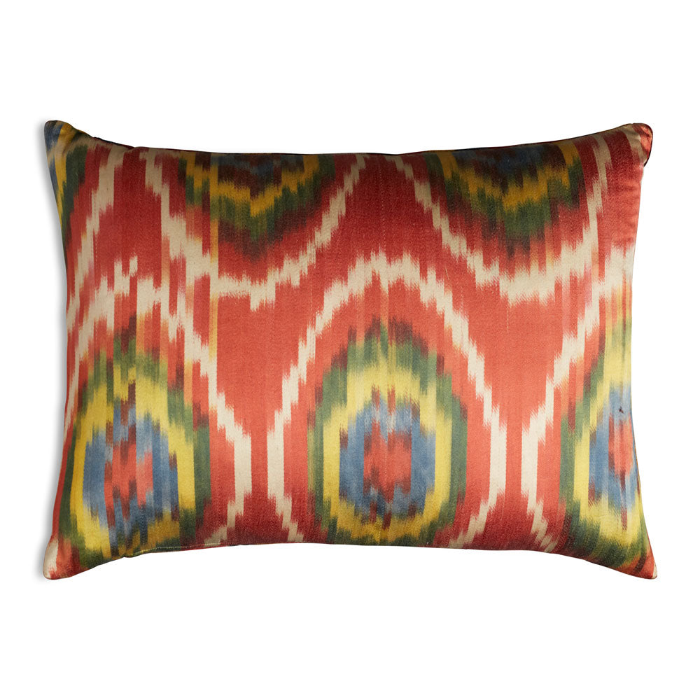 Nushka Cushions Green and Red Geometric Hand-woven Silk Velvet Ikat Cushion