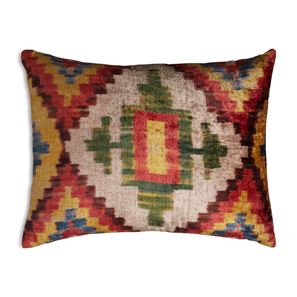 Nushka Cushions Green and Red Geometric Hand-woven Silk Velvet Ikat Cushion