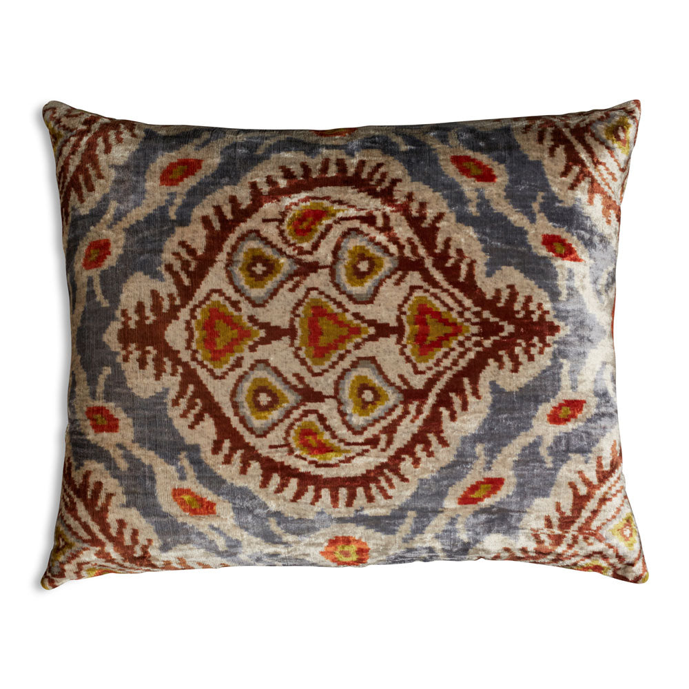 Nushka Cushions Grey, Cream and Brown Hand-woven Silk Velvet Ikat Cushion