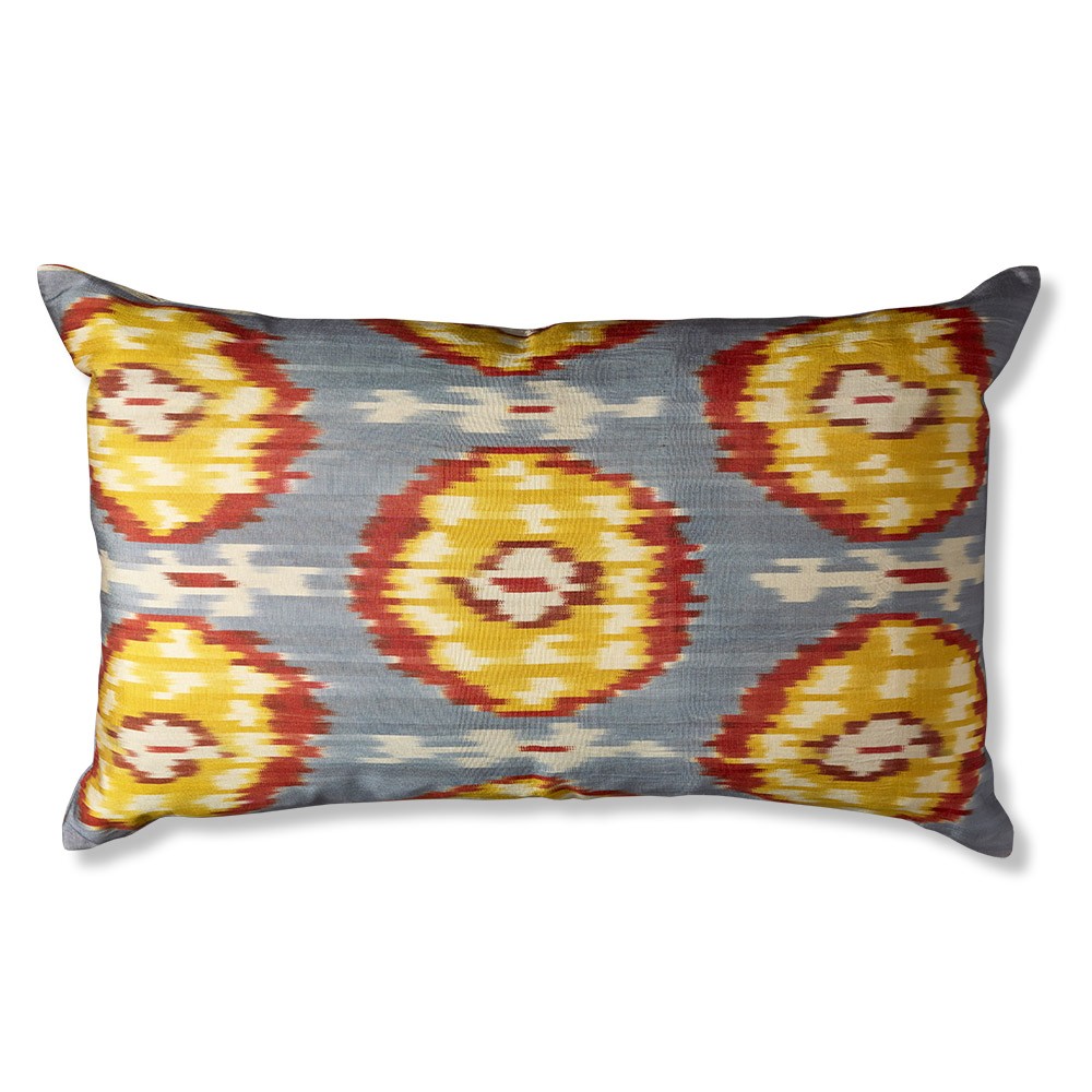 Nushka Cushions Grey, Yellow and Red Silk Ikat Rectangular Cushion