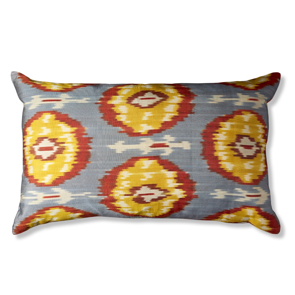 Nushka Cushions Grey, Yellow and Red Silk Ikat Rectangular Cushion