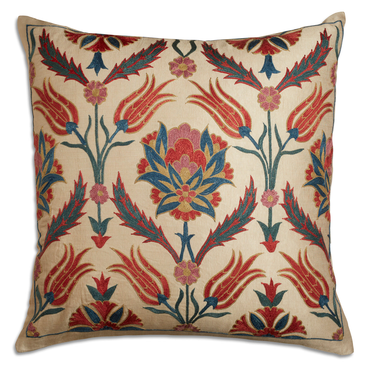 Nushka Cushions Iznik inspired carnation and floral embroidered silk suzani cushion