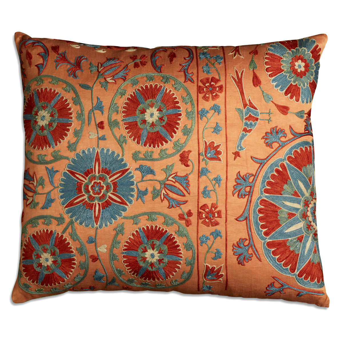 Nushka Cushions Large rectangular Floral Silk Suzani Embroidered cushion on salmon pink ground