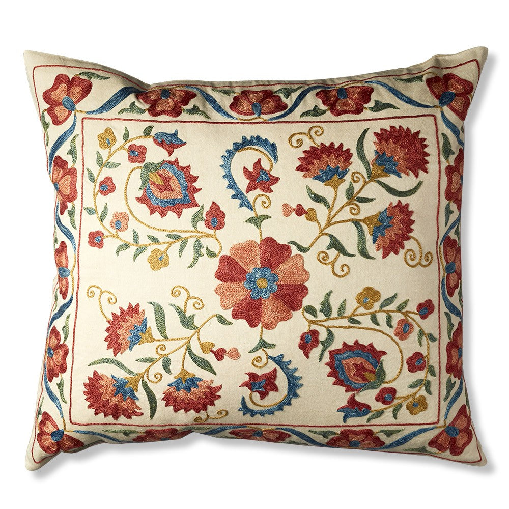 Nushka Cushions Large Rectangular Peach, Blue and Coral Floral Embroidered, Silk Suzani Cushion